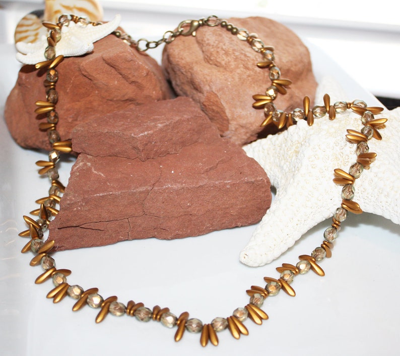 Czech Glass Gold Teardrop Necklace with Faceted Gold Czech Beads With Lobster Clasp Close
