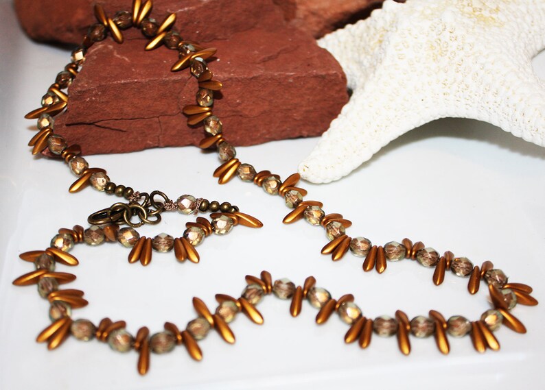 Czech Glass Gold Teardrop Necklace with Faceted Gold Czech Beads With Lobster Clasp Close
