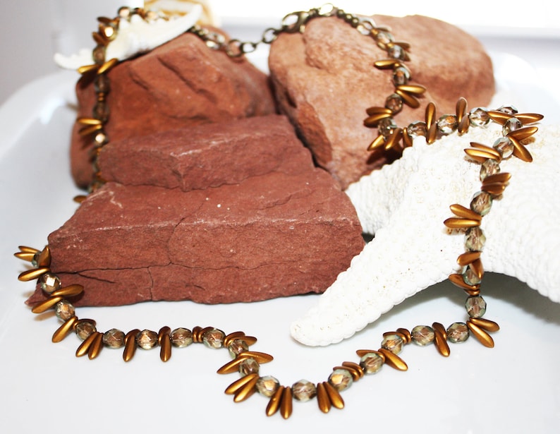 Czech Glass Gold Teardrop Necklace with Faceted Gold Czech Beads With Lobster Clasp Close
