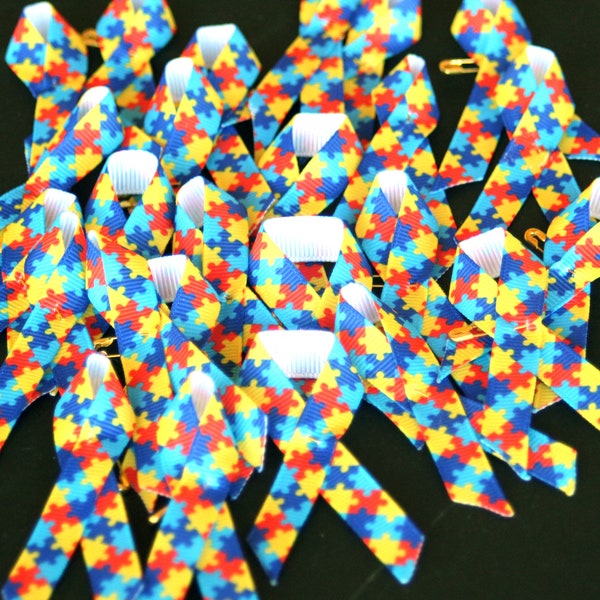 Clearance - AUTISM Bundle - 24 Puzzle Grosgrain Ribbons and 6 Lapel Pins ... Great for Organizations, Businesses, Family and Friends