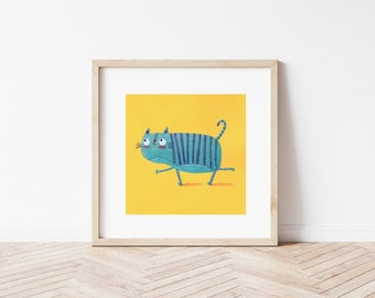 Art, giclée print, Blue cat by Monika Filipina, original illustration