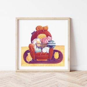 Impression art giclée, chaise cat de Monika Filipina, illustration originale d’un livre pour enfants « All About Cats »