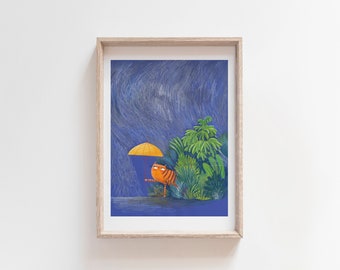 Children's illustration, Fine art, giclée A3 print of an original tiger in the rain illustration