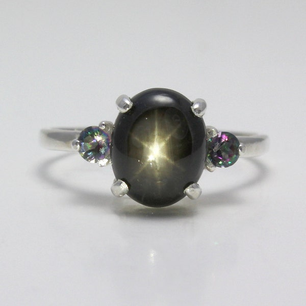 Genuine 3ct 6-Ray Black Star Sapphire Ring Sterling Silver September Birthstone