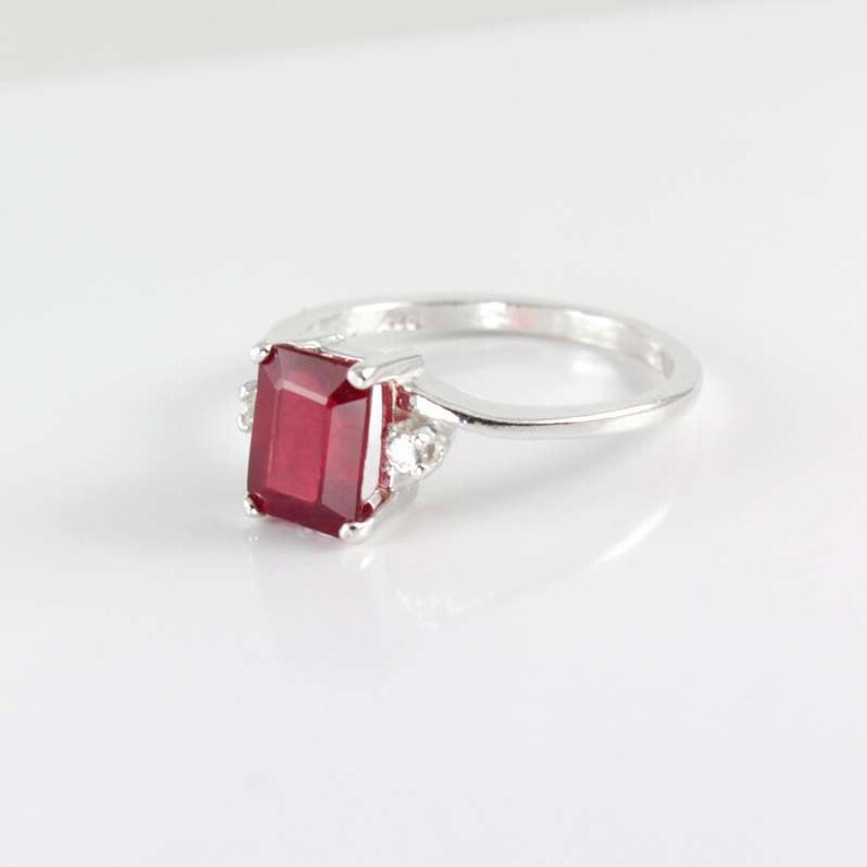 Genuine Pigeon Blood Ruby and Sapphires Ring Sterling Silver Ruby Silver Ring Emerald-Cut