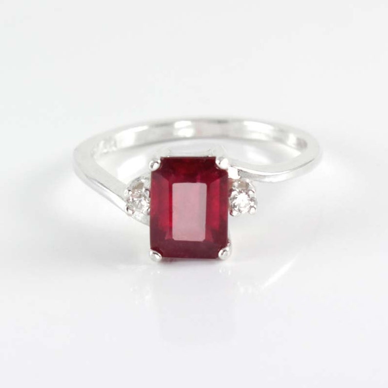 Genuine Pigeon Blood Ruby and Sapphires Ring Sterling Silver   Ruby Silver Ring Emerald-Cut