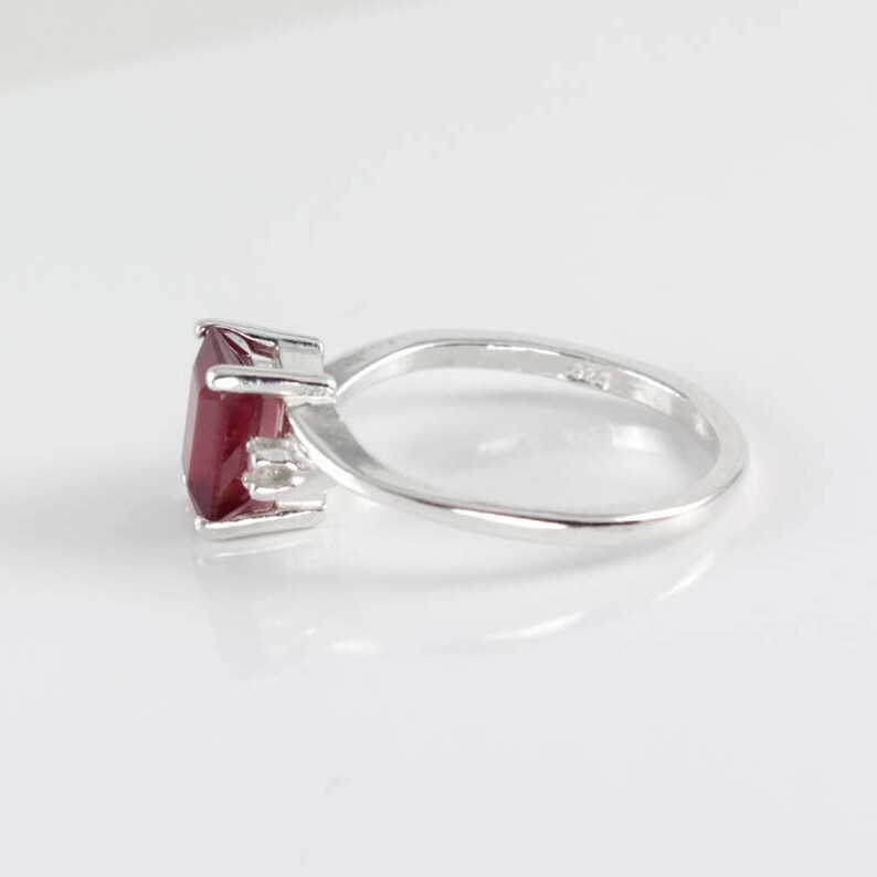 Genuine Pigeon Blood Ruby and Sapphires Ring Sterling Silver   Ruby Silver Ring Emerald-Cut