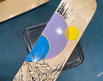 Mountains and Moons, Hand Painted Skateboard Deck, Enamel on wood