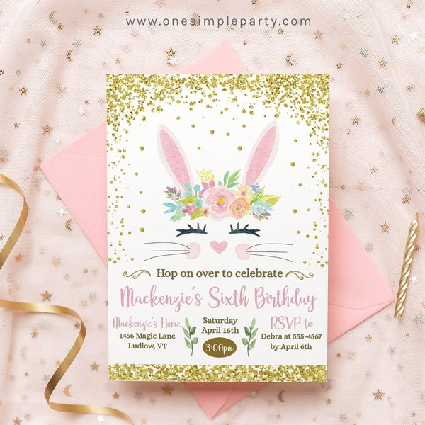 EDITABLE Glitter Bunny Birthday Invitation - Bunny Birthday - Some Bunny Invite - Spring Birthday - Easter Birthday - INSTANT DOWNLOAD