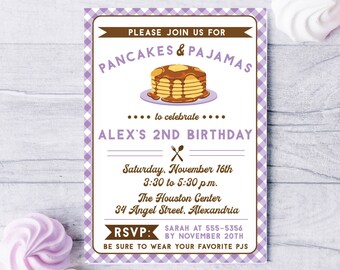 EDITABLE Purple Pancakes and Pajamas Birthday Invite - Pancakes Party - Pajama Party - Sleepover Invite - Editable Invite -INSTANT DOWNLOAD