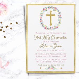 EDITABLE Floral Wreath First Communion Invitation - First Holy Communion Girl - Communion Invite - Editable Template - INSTANT DOWNLOAD