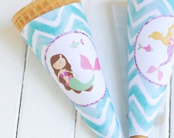 INSTANT DOWNLOAD - Mermaid Party Ice Cream Cone Wrappers - Ice Cream Cone - Ice Cream Wrapper - Mermaid Birthday - Ice Cream Bar