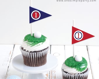 Editable Golf Tee Flags: Red, White, and Blue Cupcake Toppers (Digital Download)
