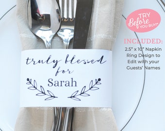 EDITABLE Truly Blessed Thanksgiving Napkin Rings - Thanksgiving Table Decor - Thanksgiving Place Card - Name Cards - INSTANT DOWNLOAD