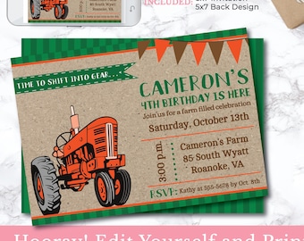 EDITABLE Orange Tractor Birthday Invitation - Tractor Party - Farm Birthday - Tractor Invitation - First Birthday - DIGITAL DESIGN