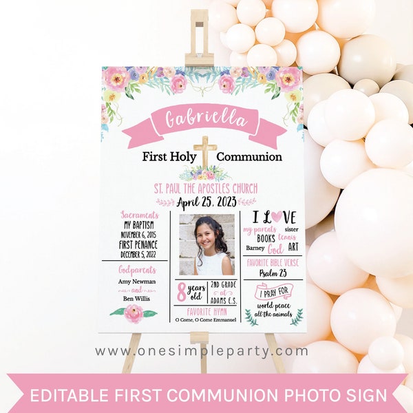 EDITABLE Floral First Communion Photo Poster, First Communion Gift, First Communion Keepsake, First Communion Photo Prop, INSTANT DOWNLOAD