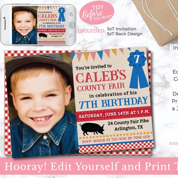 EDITABLE Boy County Fair Birthday Party Photo Invite - Fair Invitation - County Fair Party - First Birthday - County Fair Theme