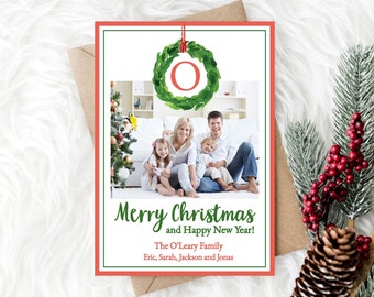 EDITABLE Wreath Monogram Photo Christmas Card - Holiday Card - Family Photo Card - Christmas Card - Christmas Wreath - INSTANT DOWNLOAD