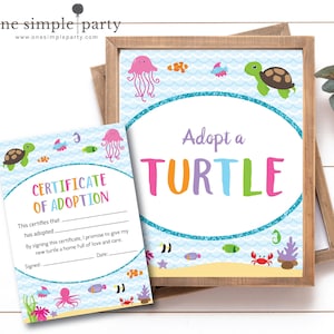 Adopt a Turtle - Girl Ocean Birthday - Beach Birthday - Adopt an Animal Birthday Activity - Sea Turtle Party - INSTANT DOWNLOAD