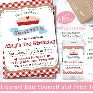 EDITABLE Sweet as Pie Birthday Party Invitation - Pie Birthday - Cherry Birthday - First Birthday - Editable Invitation - INSTANT DOWNLOAD