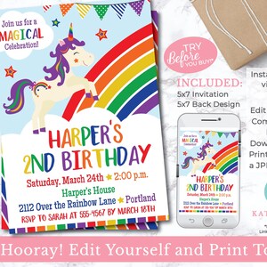 EDITABLE Classic Rainbow Unicorn Invitation - INSTANT DOWNLOAD - Unicorn Birthday - Rainbow Unicorn - Unicorn Party