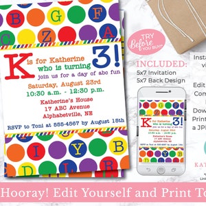 EDITABLE Rainbow Alphabet Birthday Invitation - ABC Birthday - First Birthday - Rainbow Birthday - Letters and Learning- Digital Design