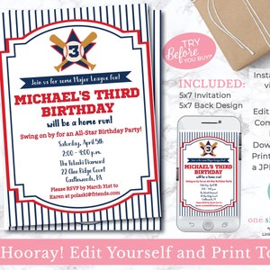 EDITABLE Baseball Birthday Invitation - Baseball Party - First Birthday - Baseball Theme Party - Sports Birthday - Toddler Baseball Invite