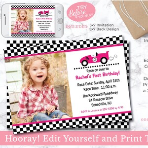 EDITABLE Girl Race Car Birthday Photo Invitation - Race Car Party ...