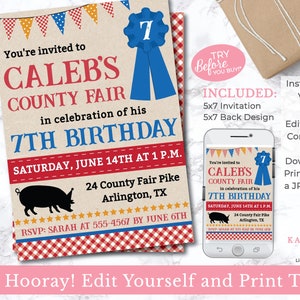 EDITABLE Boy County Fair Birthday Party Invitation Fair Invitation County Fair Party Editable Invitation INSTANT DOWNLOAD image 1