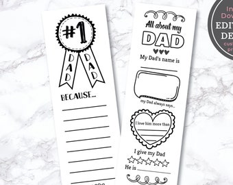 EDITABLE All About My Dad Father's Day Bookmarks from Kids - Father's Day Printable - Gift for Dad - Father's Day Activity, INSTANT DOWNLOAD