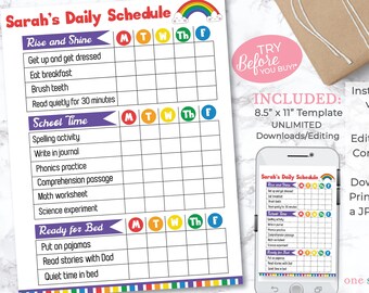 EDITABLE Rainbow School Schedule - Daily Schedule - Kids Daily Routine - Kids Student Planner - Home School Planner - Printable Template