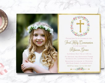EDITABLE Floral Wreath First Communion Photo Invitation - First Holy Communion - Editable Template