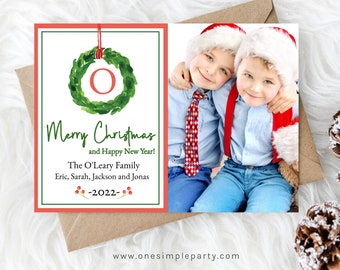 EDITABLE Wreath Monogram Photo Christmas Card - Photo Holiday Card - Family Photo Card - Christmas Card - Christmas Wreath -INSTANT DOWNLOAD