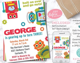 EDITABLE Robot Birthday Party Invitation - Robot Party - Robot Invitation - First Birthday - Editable Invitation - INSTANT DOWNLOAD