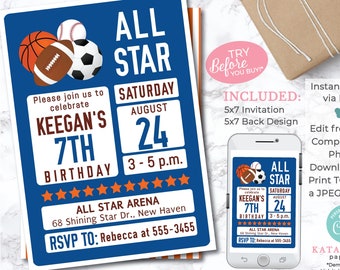 EDITABLE All Star Sports Invitation - INSTANT DOWNLOAD - Editable Colors - Sports Birthday - Sports Party - All Star Birthday