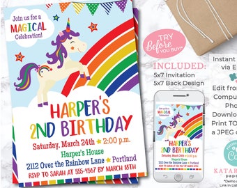 EDITABLE Classic Rainbow Unicorn Invitation - INSTANT DOWNLOAD - Unicorn Birthday - Rainbow Unicorn - Unicorn Party