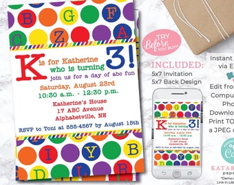 EDITABLE Rainbow Alphabet Birthday Invitation - ABC Birthday - First Birthday - Rainbow Birthday - Letters and Learning- Digital Design