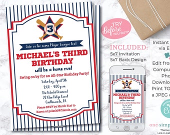 EDITABLE Baseball Birthday Invitation - Baseball Party - First Birthday - Baseball Theme Party - Sports Birthday - Toddler Baseball Invite