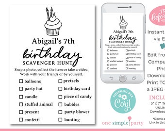 EDITABLE Birthday Scavenger Hunt - Treasure Hunt - Scavenger Hunt Game - Scavenger Checklist - Birthday Party Game - INSTANT DOWNLOAD