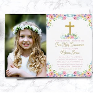 EDITABLE Floral Watercolor First Communion Photo Invitation - First Holy Communion - Communion Invite - Editable Template - INSTANT DOWNLOAD