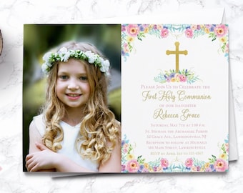 EDITABLE Floral Watercolor First Communion Photo Invitation - First Holy Communion - Communion Invite - Editable Template - INSTANT DOWNLOAD