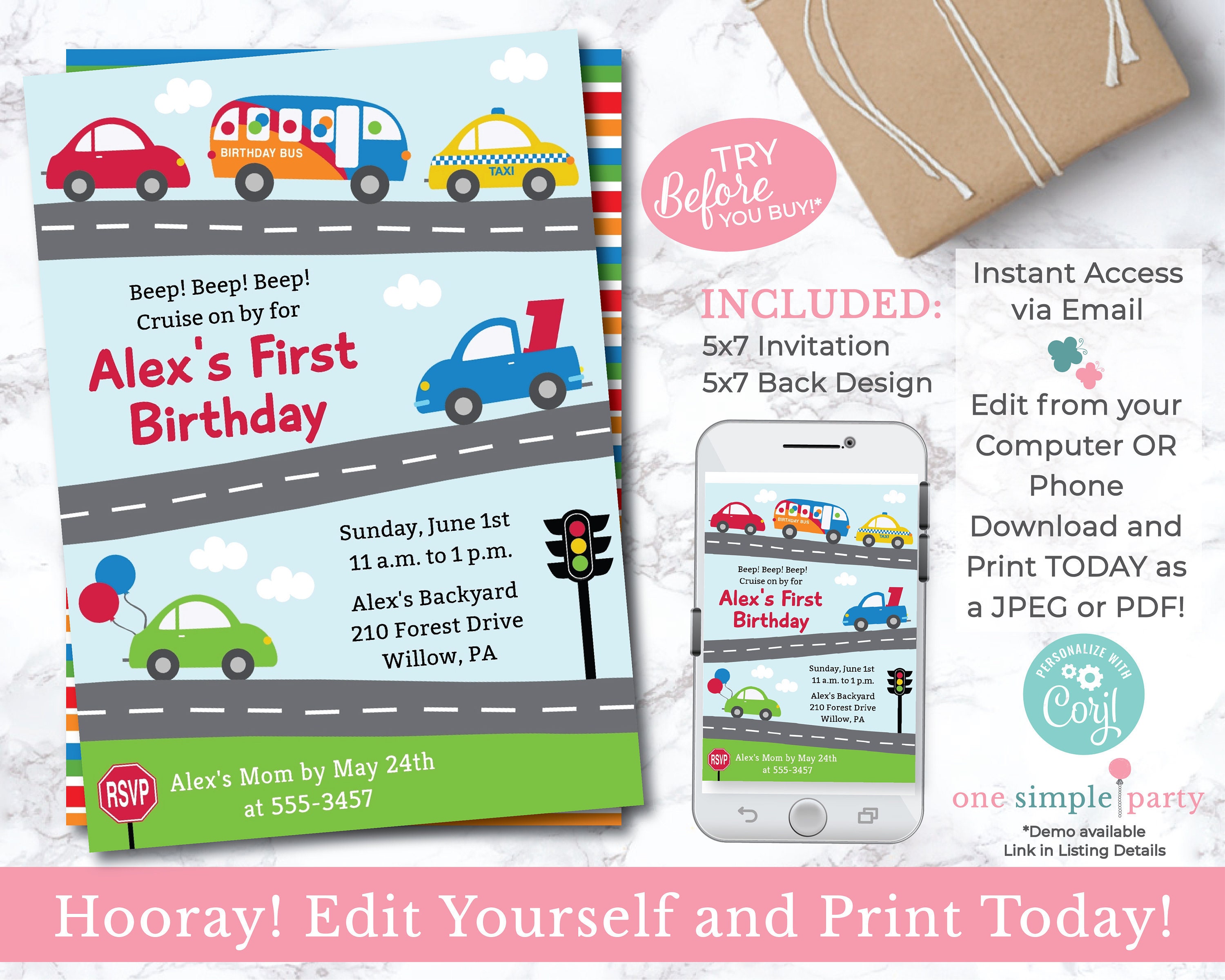 EDITABLE Cars and Trucks Birthday Invitation - Car Birthday Party - T…