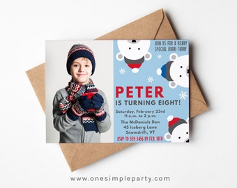 EDITABLE Boy Polar Bear Birthday Invitation - Photo Invitation - First Birthday - Winter Birthday - Polar Bear Invite - Instant Download