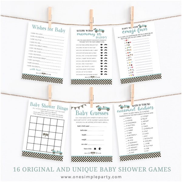 Blue Race Car Baby Shower Games Collection - 16 Printable Shower Games - Bingo, Advice, Word Scramble... - Race Car Baby - INSTANT DOWNLOAD