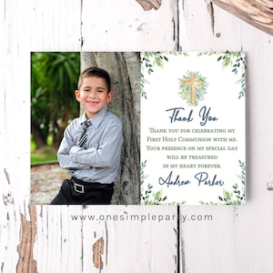 Tarjeta de agradecimiento de primera comunión con acuarela y vegetación editable, tarjeta de agradecimiento con foto para primera comunión de niño, tarjetas de agradecimiento, descarga instantánea