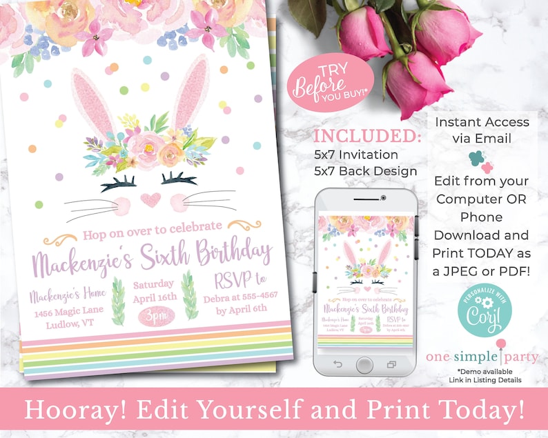 Puede incluir: Una invitaci&oacute;n de cumplea&ntilde;os con un dise&ntilde;o de cara de conejo, detalles florales y el texto "Mackenzie's Sixth Birthday". Incluye una maqueta de tel&eacute;fono. La invitaci&oacute;n es de 12,7 x 17,8 cm.