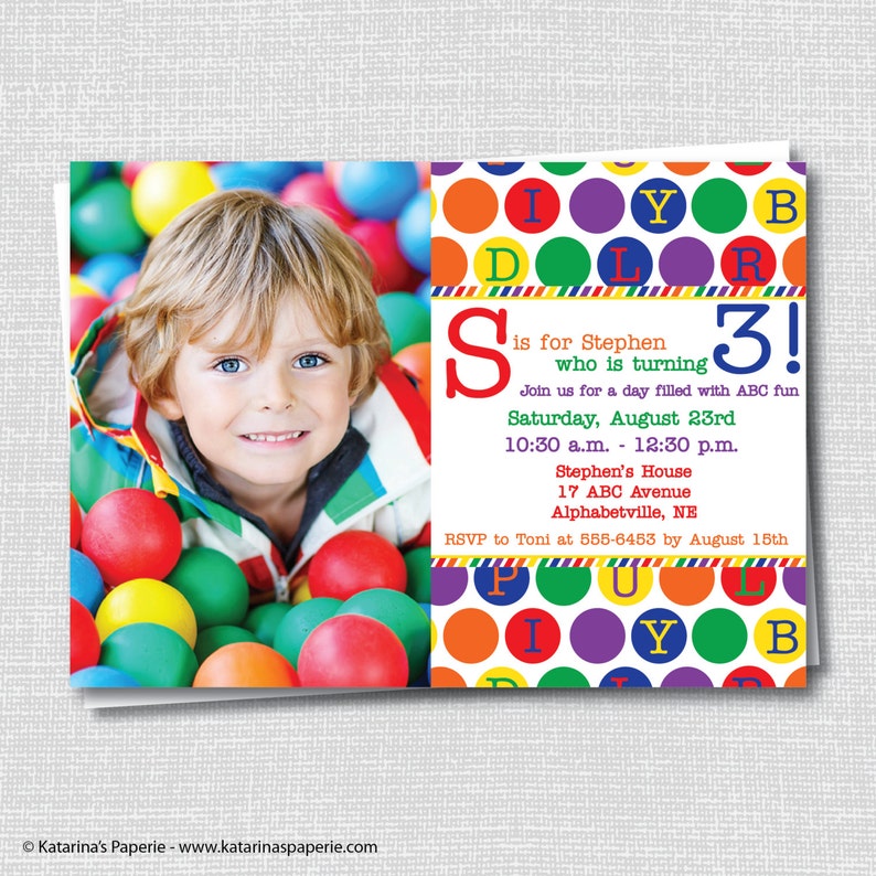 Abc Birthday Photo Invitation Alphabet Birthday Abc Party Etsy