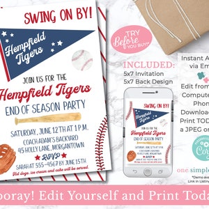 May include: Editable baseball-themed party invitation with red, white, and blue colors. The invitation says "Swing on By!" and "Hempfield Tigers End of Season Party".