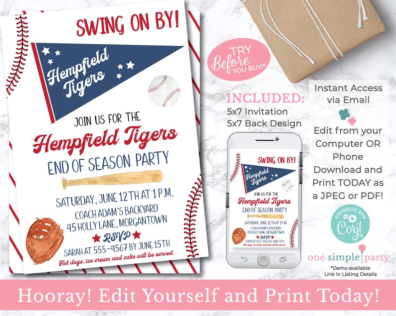 May include: Editable baseball-themed party invitation with red, white, and blue colors. The invitation says "Swing on By!" and "Hempfield Tigers End of Season Party".