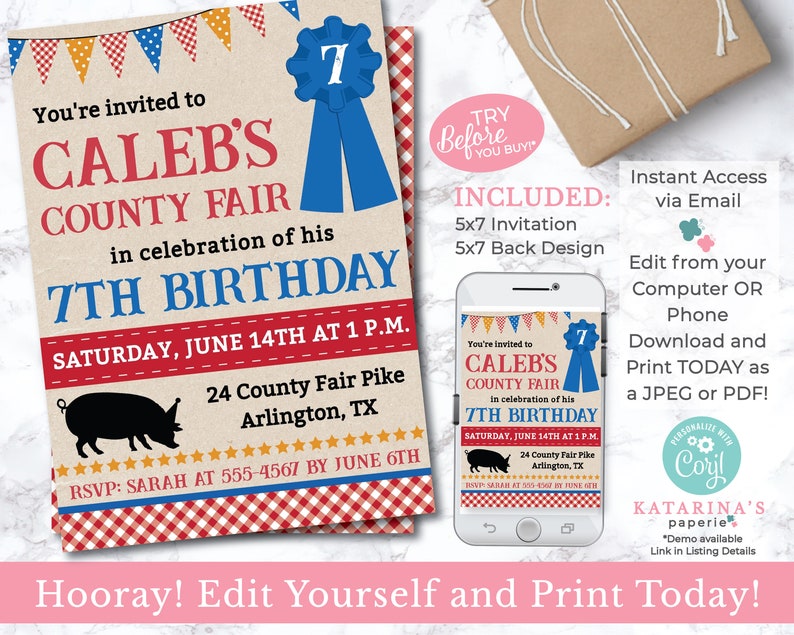 EDITABLE Boy County Fair Birthday Party Invitation Fair Invitation County Fair Party Editable Invitation INSTANT DOWNLOAD image 1